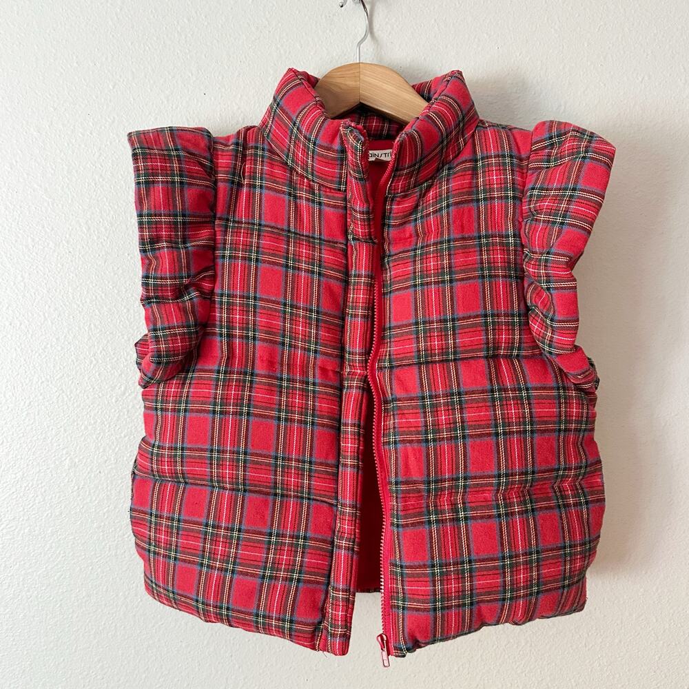 Plaid Red Puffer Vest with Ruffle Shoulders - Picture 3 of 9